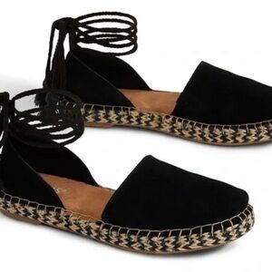 Toms Black Katalina Suede Lace-Up Espadrille Flats with Braided Jute Sole NWT